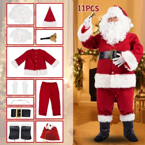 Vista 5 de Disfraz de Papá Noel para hombres, traje de Papá Noel, para adultos, 11 piezas para hombre, juego de trajes de Navidad profesionales de lujo