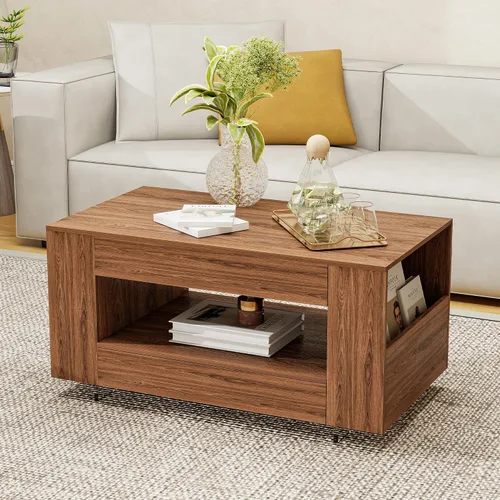 Vista 10 de Mesa de centro de grano de madera con estante abierto, mesa de cóctel moderna de alto brillo para sala de estar, dormitorio, oficina