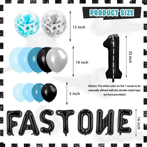 Vista 5 de Fast One - Decoraciones de cumpleaños para niños, 143 piezas de suministros de decoración de primera fiesta de carreras para bebé, pancarta