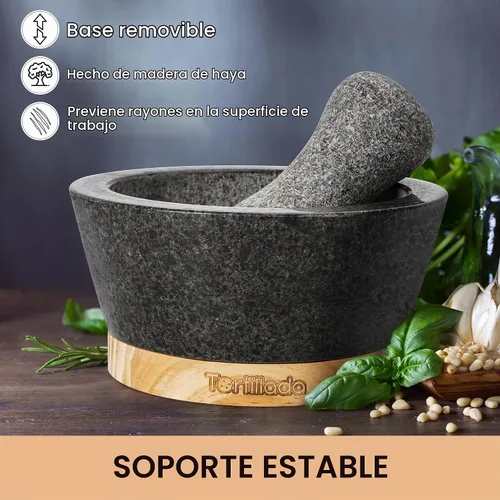 Vista 6 de Tortillada Juego de mortero y mortero de 6 pulgadas, grande, hecho de granito natural con base de madera antiarañazos, molinillo de hierbas