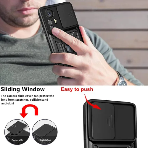 Vista 3 de Funda de teléfono celular para Xiaomi Redmi Note 12S, protección resistente con cubierta deslizante para cámara, soporte giratorio de metal de 360°