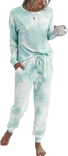Vista 47 de Prettygarden - Conjunto de pijama de dos piezas para mujer, diseño de teñido anudado, sudadera informal de manga larga con pantalones largos, ropa