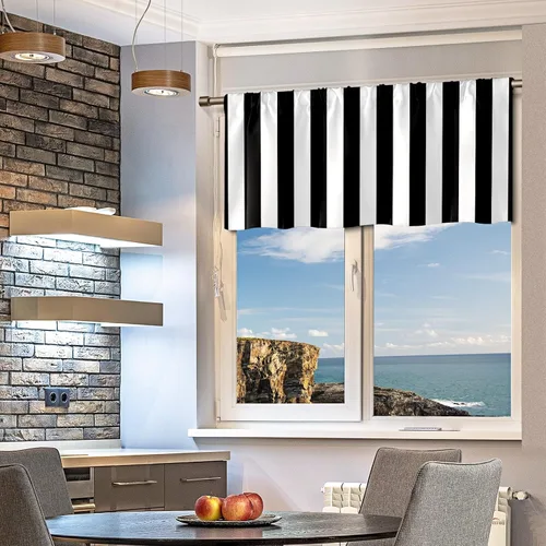 Vista 9 de Cortina de cocina con diseño de rayas verticales blancas y negras, cortinas opacas para baño, sala de estar, ventana, 14 x 52 pulgadas Rayas blancas