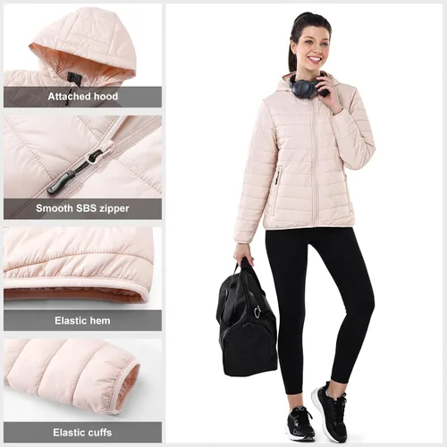 Vista 5 de Outdoor Ventures - Chaqueta acolchada ligera con cremallera completa para mujer, con capucha, abrigo de invierno acolchado