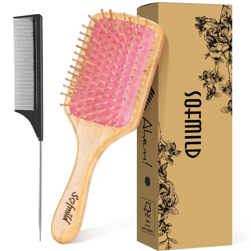 Vista 10 de Sofmild Juego de cepillos de pelo de bambú natural para mujeres, hombres y niños, cepillo desenredante para cabello grueso y rizado y húmedo Negro
