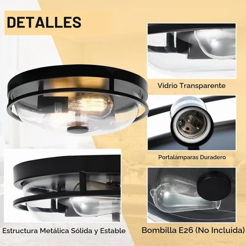 Vista 2 de Luz de techo de montaje empotrado Luminzone con pantalla de vidrio transparente, 2 luces, iluminación de estilo granja para interior y exterior