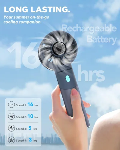 Vista 2 de Lepwings Ventilador de mano, mini ventilador turbo portátil pequeño, recargable con 4 ventiladores personales de alta velocidad, tiempo de Azul