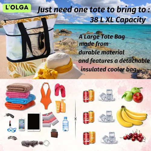 Vista 7 de L'OLGA Bolsa grande de malla con enfriador aislado desmontable, bolsa de fin de semana de playa