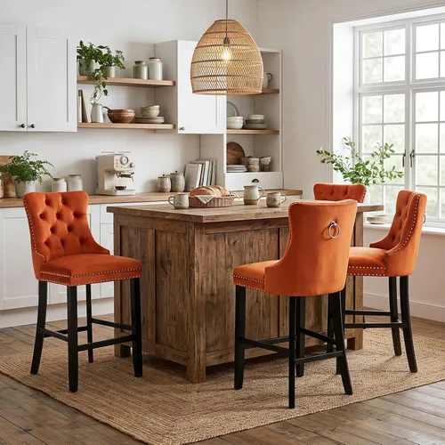 Vista 44 de SoarFlash Juego de 2 taburetes de bar tapizados de terciopelo moderno con patas de madera, botones acolchados, cabeza de clavo cromada, asiento