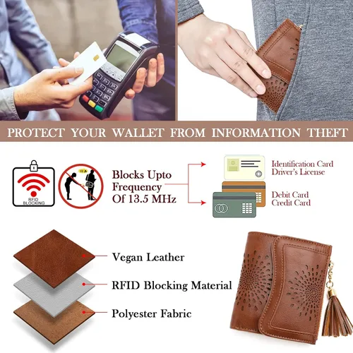 Vista 3 de APHISON Cartera pequeña para mujer, cartera RFID de girasol para mujer, de piel, bonita, compacta, plegable, con cremallera, borla, monedero