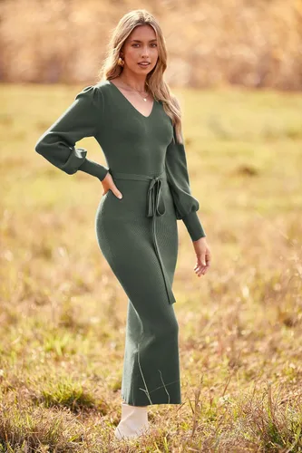 Vista 5 de PRETTYGARDEN Womens 2024 Fall Knit Pullover Lantern Sleeve V Neck Maxi Dress