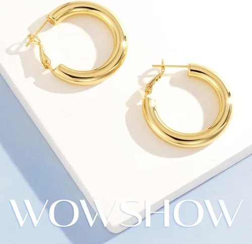 Vista 5 de Wowshow - Arracadas para mujer, aretes gruesos huecos chapados en oro de 14quilates
