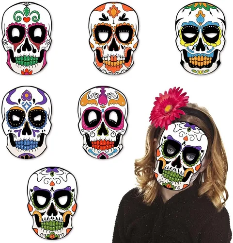 Vista 6 de Heureppy 6 máscaras de papel del Día de los Muertos para Día de los Muertos, accesorios de fotos, accesorios de disfraces para fiestas