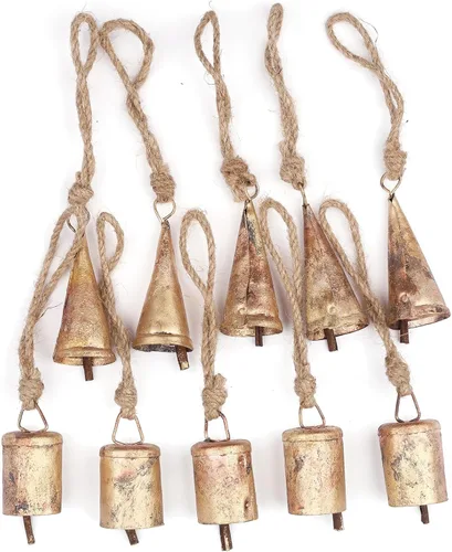 Vista 7 de Juego de 10 cascabeles y campanas de vaca doradas rústicas para manualidades, juego de cencerros pequeños vintage de 3.15 pulgadas con cuerda de Oro