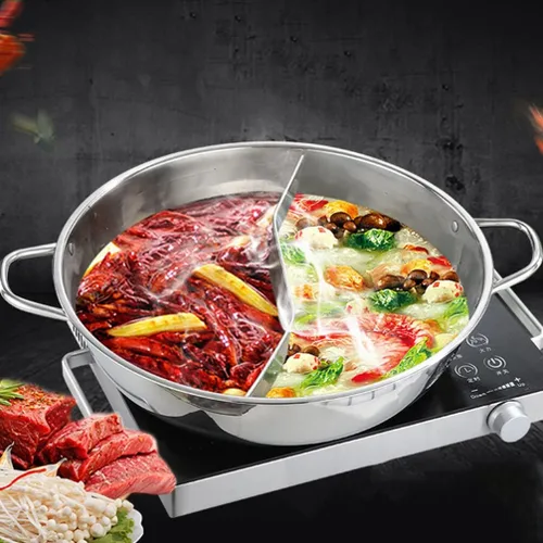 Vista 9 de Sartén antiadherente Olla caliente de doble sabor con divisor de acero inoxidable olla caliente de doble cara para estufa de inducción estufa de gas