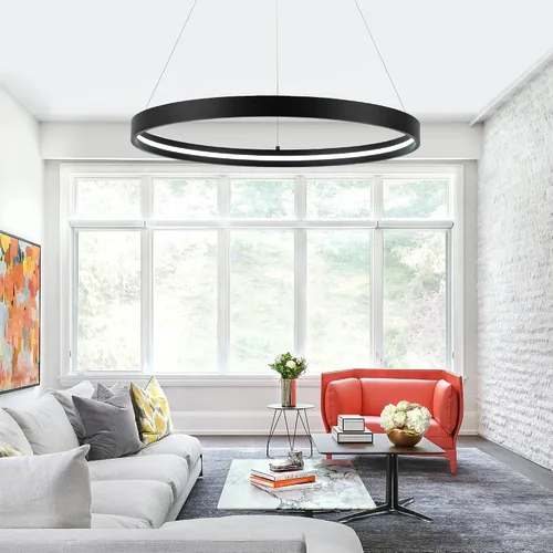 Vista 6 de Lámparas de araña LED modernas en negro, lámparas de araña LED contemporáneas regulables de 1 anillo, lámpara colgante LED moderna para sala