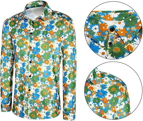 Vista 3 de DreamJ Disfraz de discoteca de los años 70 para hombre, trajes de camisa floral de los años 60, disfraces hippie de los años 70, conjunto