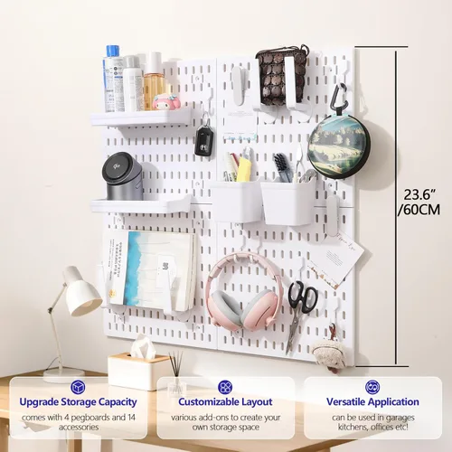 Vista 2 de Kit de Combinación de Tablero Perforado, Organizador de Pared Modular Blanco de Tablero Perforado con 4 Tableros Perforados y Accesorios Colgantes