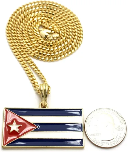 Vista 7 de Collar de cadena de 21 de la bandera de Cuba con colgante de 24 pulgadas color dorado plateado