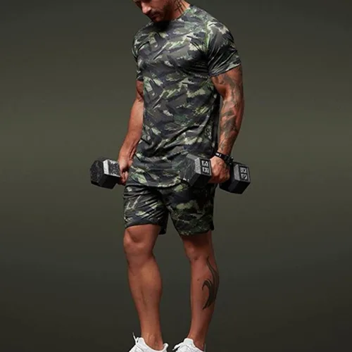 Vista 4 de Conjunto deportivo para hombre, conjunto de verano para hombre, manga deportiva, pantalones cortos ajustados de secado rápido, camuflaje para hombre