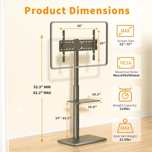 Vista 5 de Afaloona Soporte universal para TV de suelo, soporte de TV con toma de corriente y estante extraíble para TV de 32 a 75 pulgadas de hasta 110