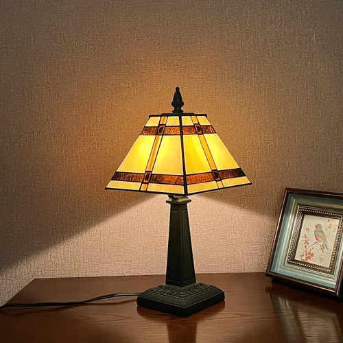 Vista 2 de Tiffany - Lámpara de mesa pequeña hecha a mano con vitrales, lámpara de escritorio antigua estilo misión ámbar para dormitorio, sala de estar