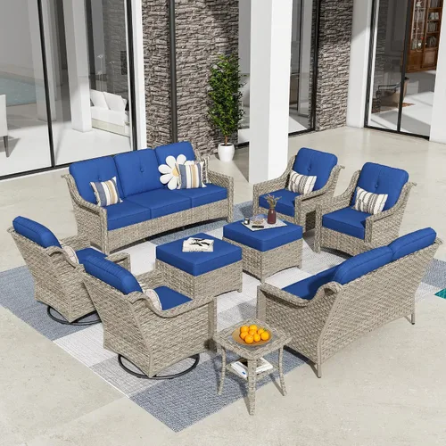 Vista 62 de HOOOWOOO Sofá de patio de 3 plazas de mimbre para exteriores, resistente a todo tipo de clima, con respaldo alto, muebles a juego (beige y bronceado)