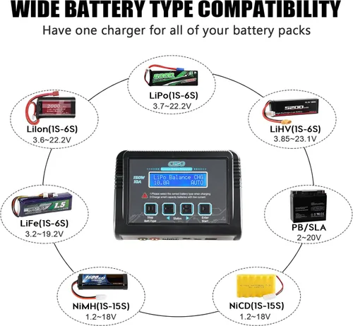 Vista 2 de Cargador de batería LiPo, cargador de batería RC de equilibrio rápido de 150W 10A Descargador para baterías LiPo/Li-ion/Life/LiHV de 1S-6S, 1-15S