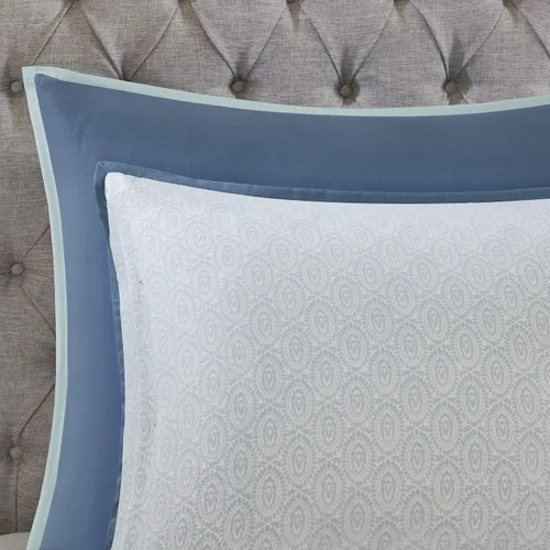 Vista 14 de Madison Park Juego de temporada, falda de cama a juego, almohadas decorativas, Queen (90 x 90 pulgadas), Isla, medallón floral azul, 8 piezas