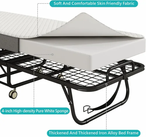 Vista 7 de Cama plegable con colchón para adultos, 75" x 31" cama rodante portátil tamaño catre, cama plegable de invitados con marco de metal con colchón