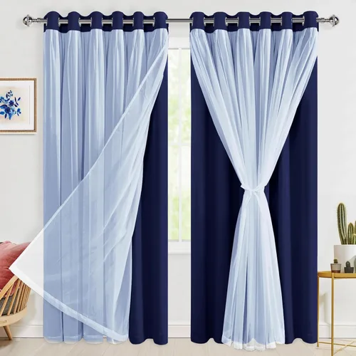 Vista 72 de Hiasan Cortinas opacas con superposición transparente, aislamiento térmico para mezclar y combinar de doble capa, cortinas de oscurecimiento de Beige