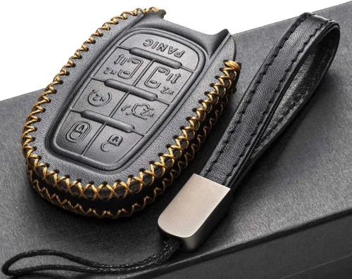 Vista 5 de Vitodeco Funda protectora de cuero genuino para llavero inteligente con clip de cuero compatible con Chrysler Pacifica 2017 - 2026 (7 botones, negro)