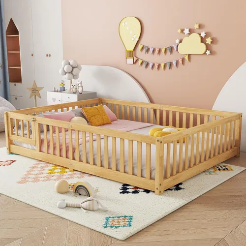 Vista 25 de Cama Montessori de tamaño matrimonial con tablillas, puerta y valla, cama Gris