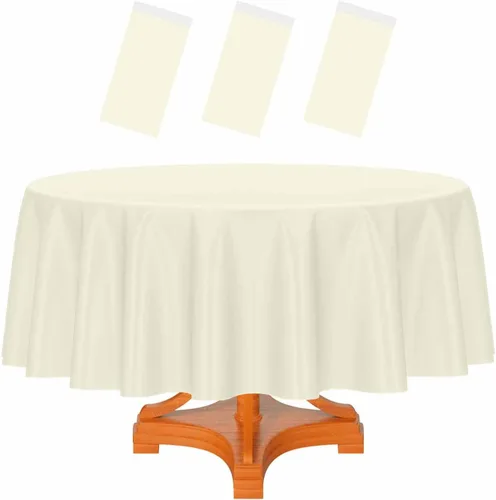 Vista 40 de HEIPINIUYE - Paquete de 2 manteles redondos de 84 pulgadas de plástico beige, manteles de mesa impermeables desechables para redondas, ideales