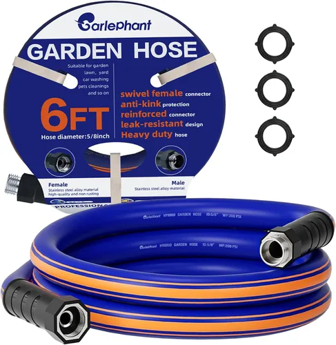 Vista 9 de Manguera corta de jardín de 6 pies x 5/8 pulgadas, manguera hembra a hembra con mango giratorio, resistente, flexible, resistente, ligera