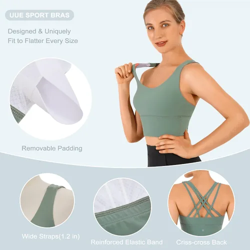Vista 3 de UUE Sujetador deportivo para mujer, brasier deportivo de tirantes acolchados de línea larga, soporte medio, yoga, gimnasio, correr, entrenamiento