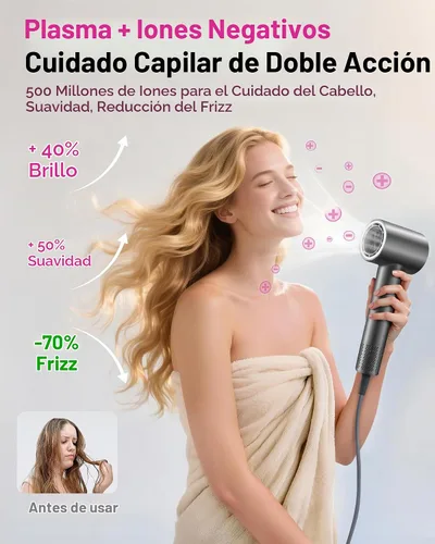 Vista 2 de Zibtes - Secador de pelo de alta velocidad con difusor, secador iónico (gris)