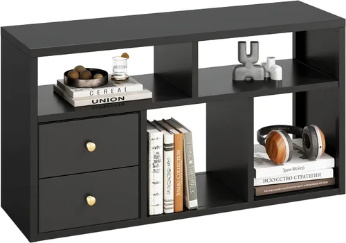 Vista 30 de Organizador de almacenamiento vertical de 2 cubos de metal, estantería corta negra con espalda abierta, estante de almacenamiento de cubo pequeño