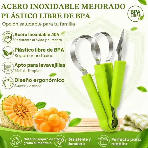 Vista 6 de Juego de palas de melón Suuker, 4 en 1 cortadores de frutas con formas, cuchara de sandía, cuchara de frutas y pelador de bolas, herramientas