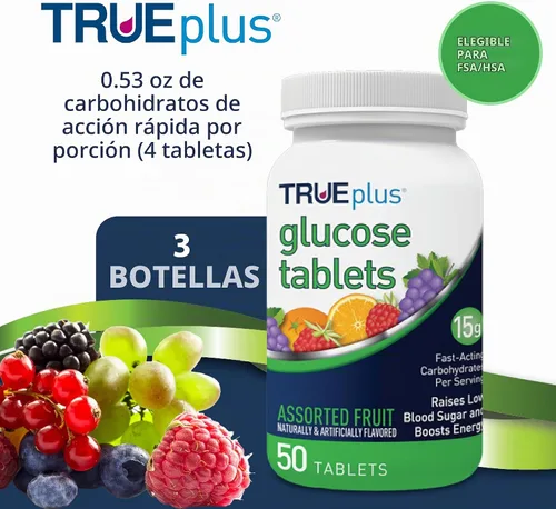 Vista 2 de TRUEplus® Tabletas de glucosa, sabor surtido (uva, frambuesa, naranja) - Botella de 50 unidades, paquete de 3