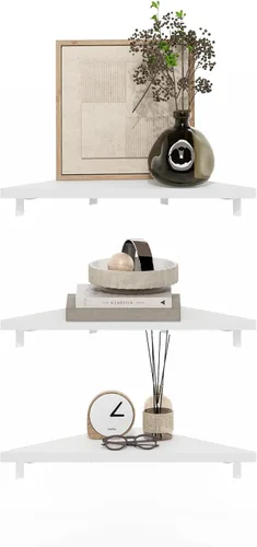 Vista 8 de Furinno Rossi - Estantes flotantes hexagonales para pared, juego de 2 estantes geométricos de esquina, estantes montados en la pared para baño, Pino