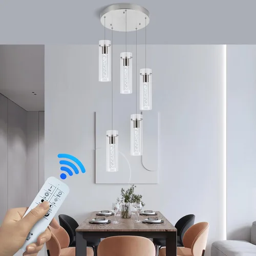 Vista 17 de Luces colgantes para isla de cocina con control remoto, níquel cepillado regulable y cilindro transparente, luces colgantes de cocina de altura