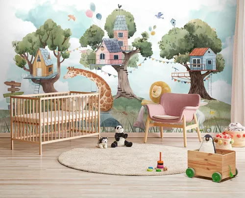 Vista 4 de Papel tapiz infantil con diseño de animales del bosque con casa del árbol