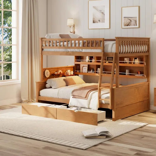 Vista 11 de SOFTSEA Full XL Over Queen Wooden Bunk Bed with Drawers and LED, Beige
