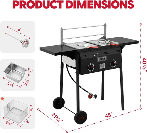 Vista 2 de Freidora profunda al aire libre de propano Feasto, tanque doble con quemadores independientes dobles de hierro fundido y termómetros, olla