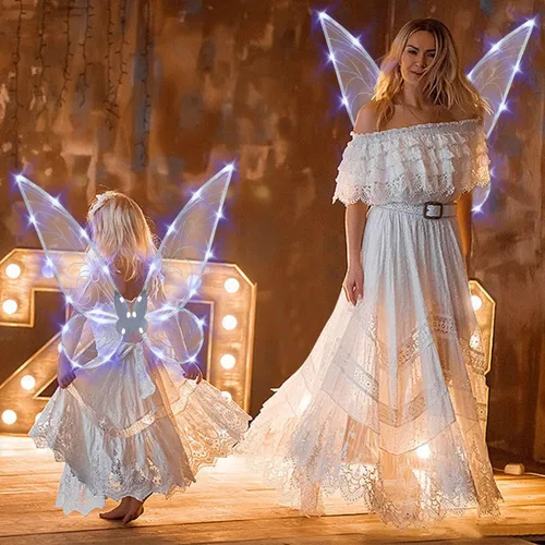 Vista 8 de quescu Alas de hadas iluminadas para adultos, alas de mariposa LED para niñas y mujeres, disfraz de Halloween, regalos para niños
