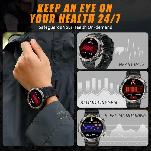 Vista 8 de Relojes inteligentes militares para hombres con GPS integrado con brújula linterna LED, reloj inteligente táctico resistente al agua 3ATM con texto