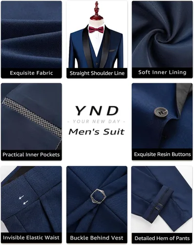Vista 5 de YND Conjunto de esmoquin de 3 piezas para hombre, ajuste delgado, cuello de chal de un botón, chaleco de color liso, con corbatín