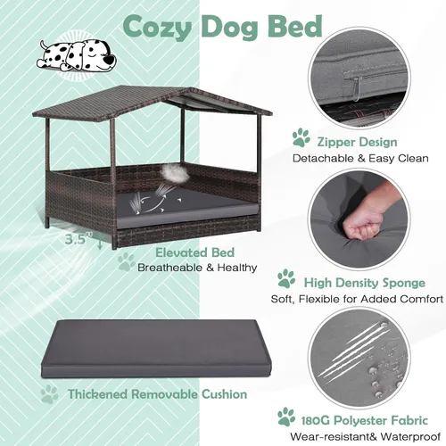 Vista 4 de Casa de cama de mimbre para perros, casas para perros de ratán de polietileno de alta densidad para interiores y exteriores, casa para mascotas