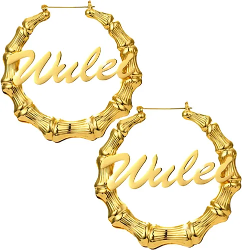 Vista 7 de Aretes de bambú grandes personalizados con nombre personalizado para mujeres, aretes de bambú, joyería para mujer, cumpleaños, día de la madre